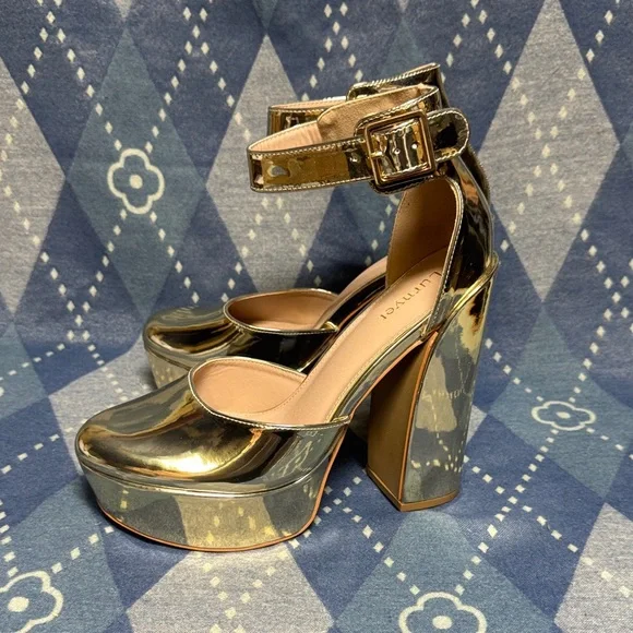 Women's Shiny Gold Ankle-Strap Platform Heels - Picture 2 of 5